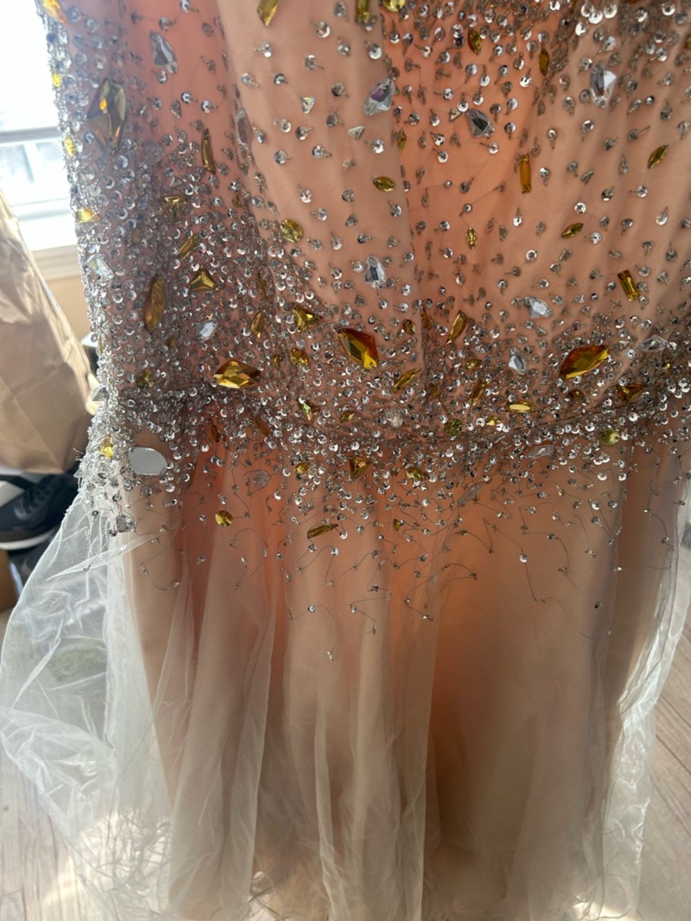 Terani Couture Peach Evening Dress with Gold Logo Tag - Picture 2 of 10